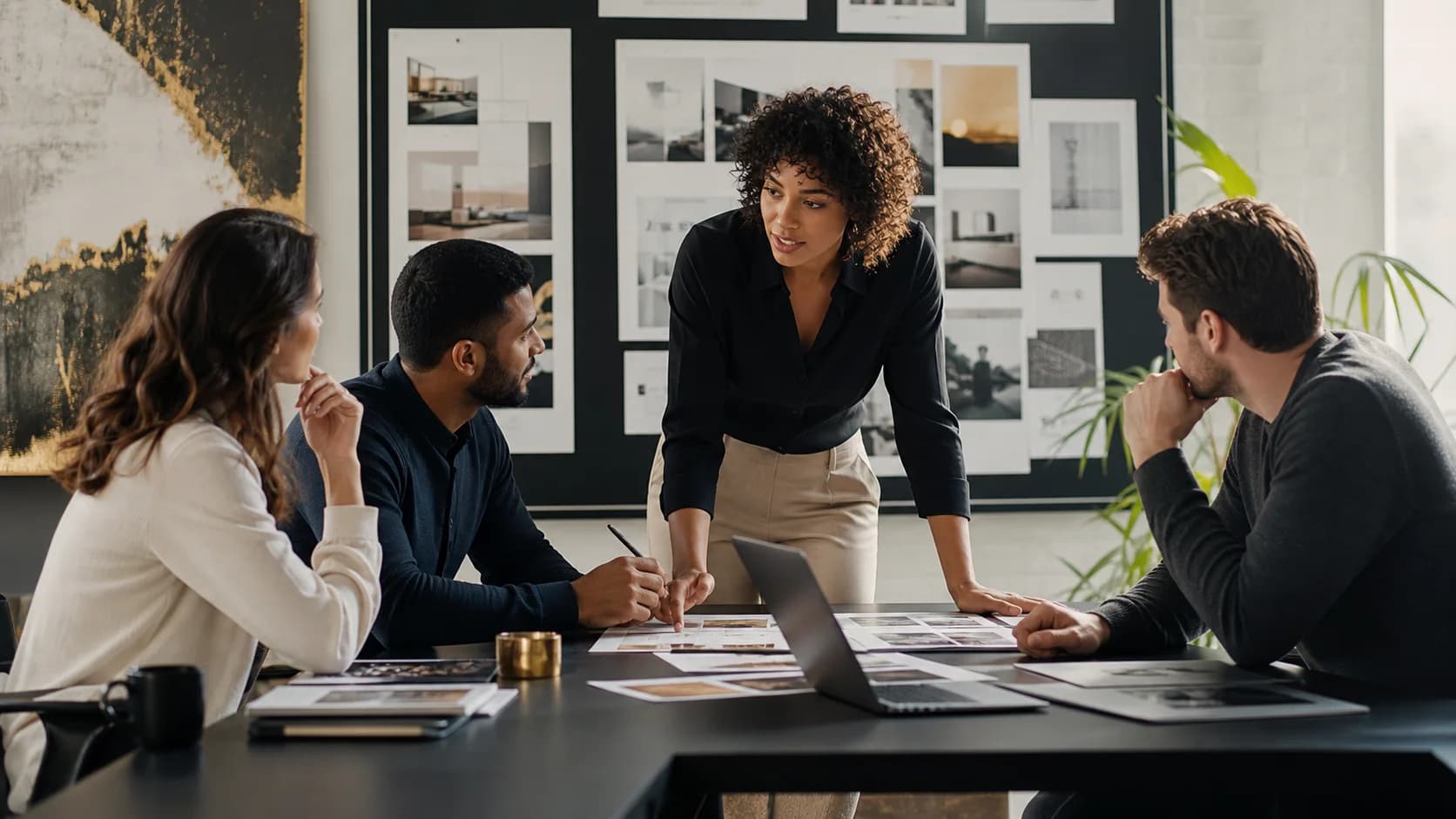 Advertising strategist and business team reviewing an integrated campaign plan