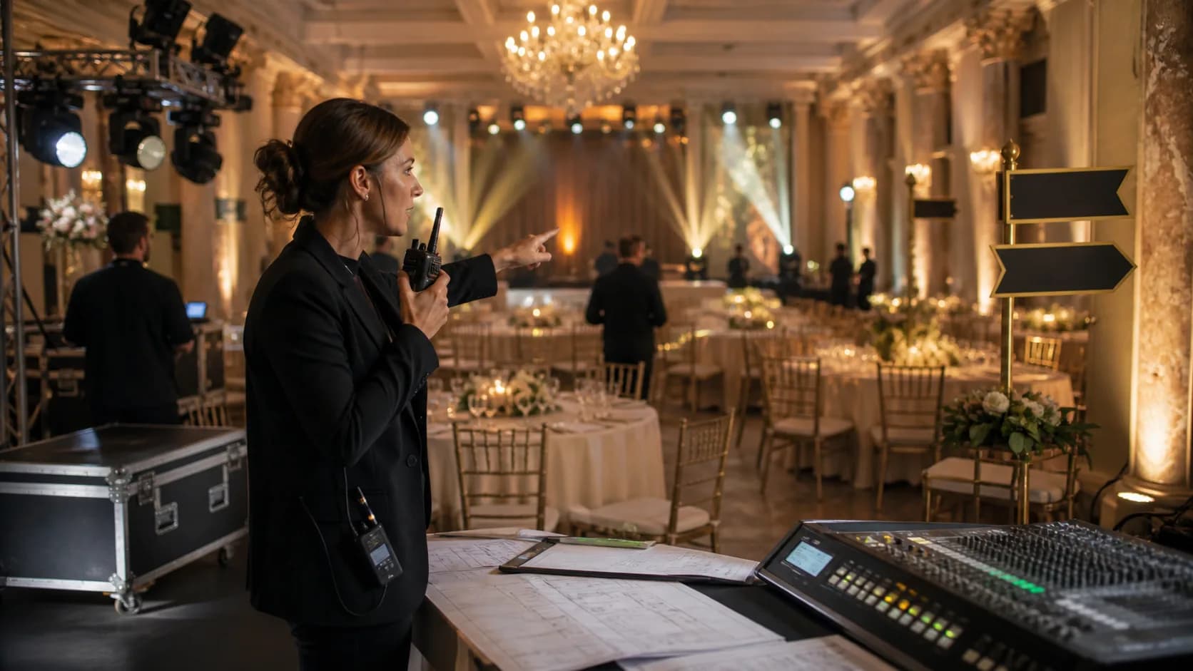 Event producer coordinating venue lighting, audio zones and directional signage before guests arrive