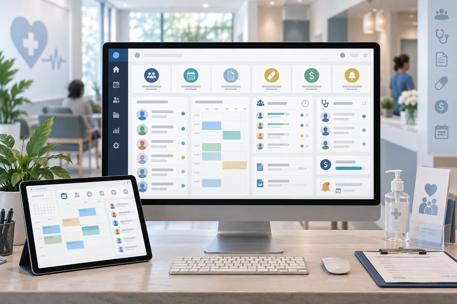 Clinic operations dashboard showing appointments, queues, shared records, and follow-up reminders