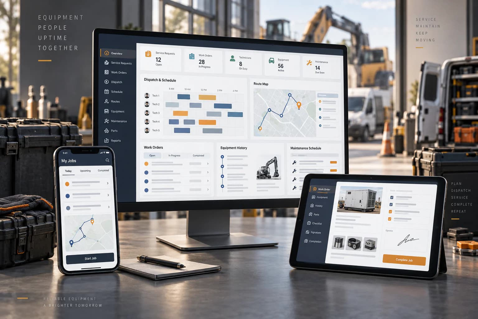 Field service dashboard showing work orders, technician schedules, routes, and equipment history