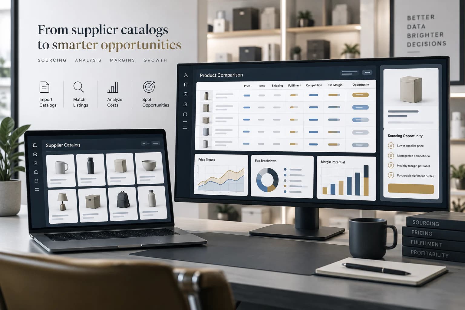 Marketplace sourcing dashboard comparing catalogs, costs, and margin opportunities