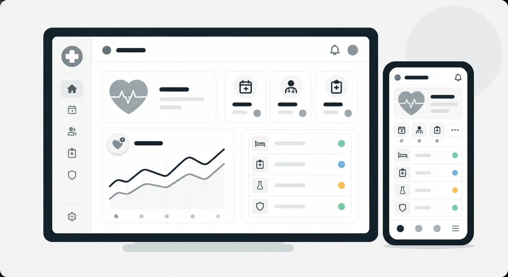 Healthcare operations dashboard with patient services, appointments, secure records, and health activity charts