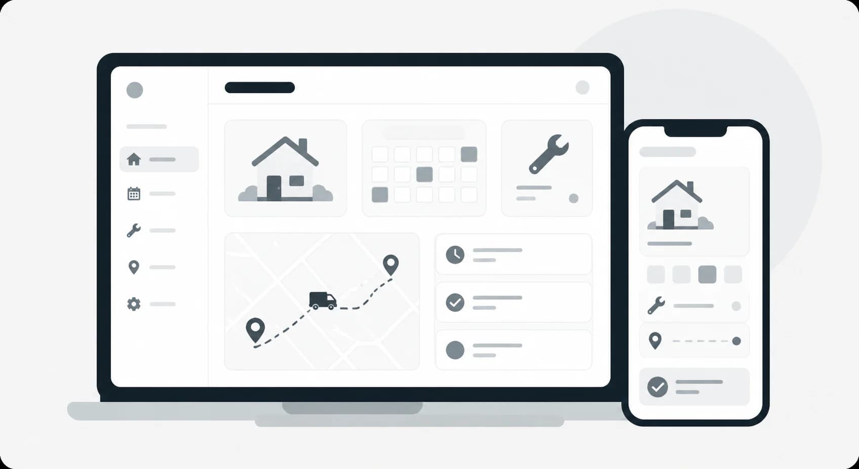 Home services scheduling dashboard with house, calendar, tools, and technician route tracking