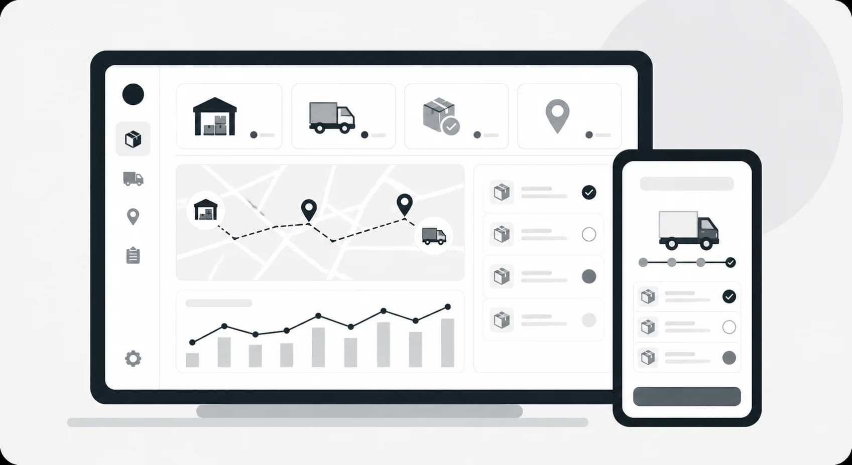 Logistics dashboard with warehouse, delivery route, shipment status, and performance tracking