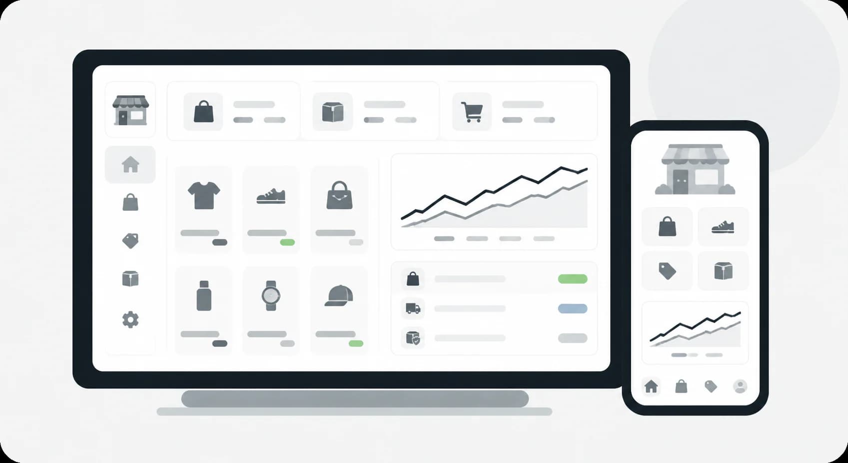 Retail operations dashboard with storefront, product inventory, orders, and sales trend charts
