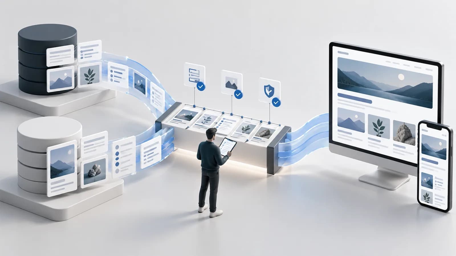 Conceptual structured records moving through a validation bridge into a new interface