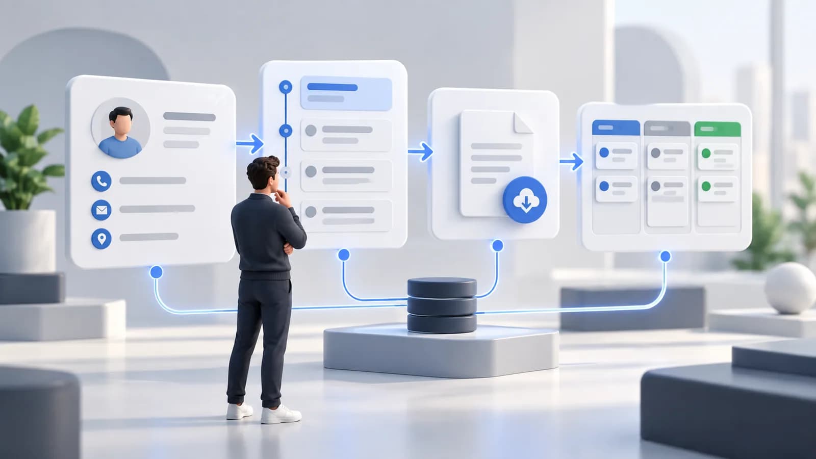 Conceptual customer record, task timeline, and document workflow linked together