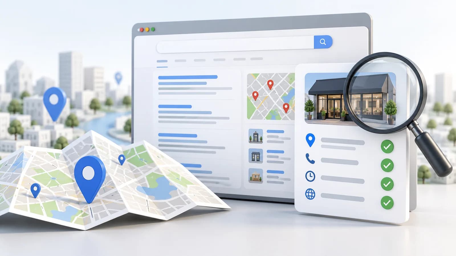 Conceptual local search results, location map, and business profile review