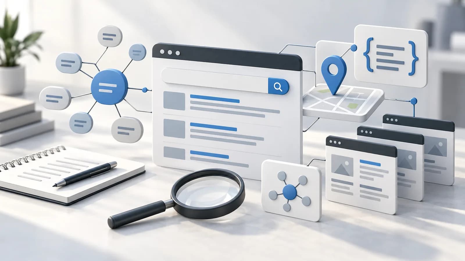 Conceptual search page connected to structured-data brackets and page cards