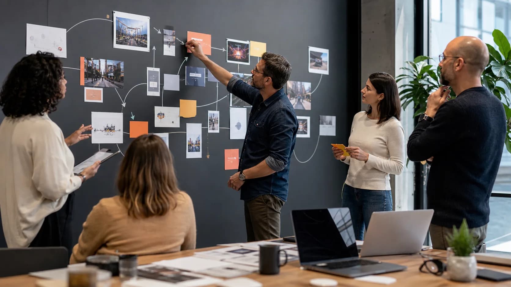 Advertising strategy team mapping a connected customer journey across digital and physical media