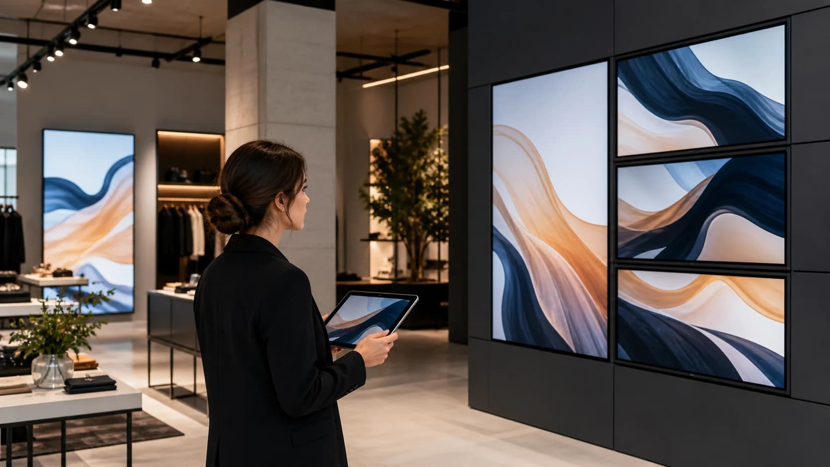 Content manager reviewing coordinated abstract visuals across a multi-screen digital signage system