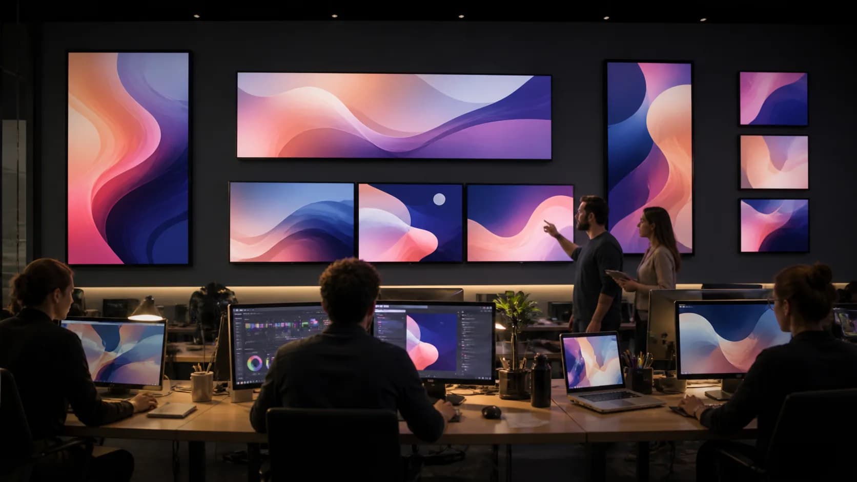 Content team coordinating one visual system across digital signage screens of different formats