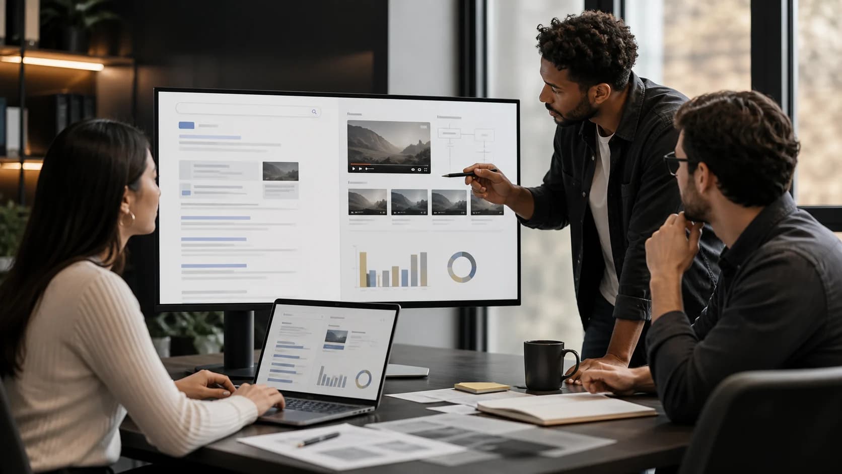 Advertising team reviewing search and video campaign plans on a large display