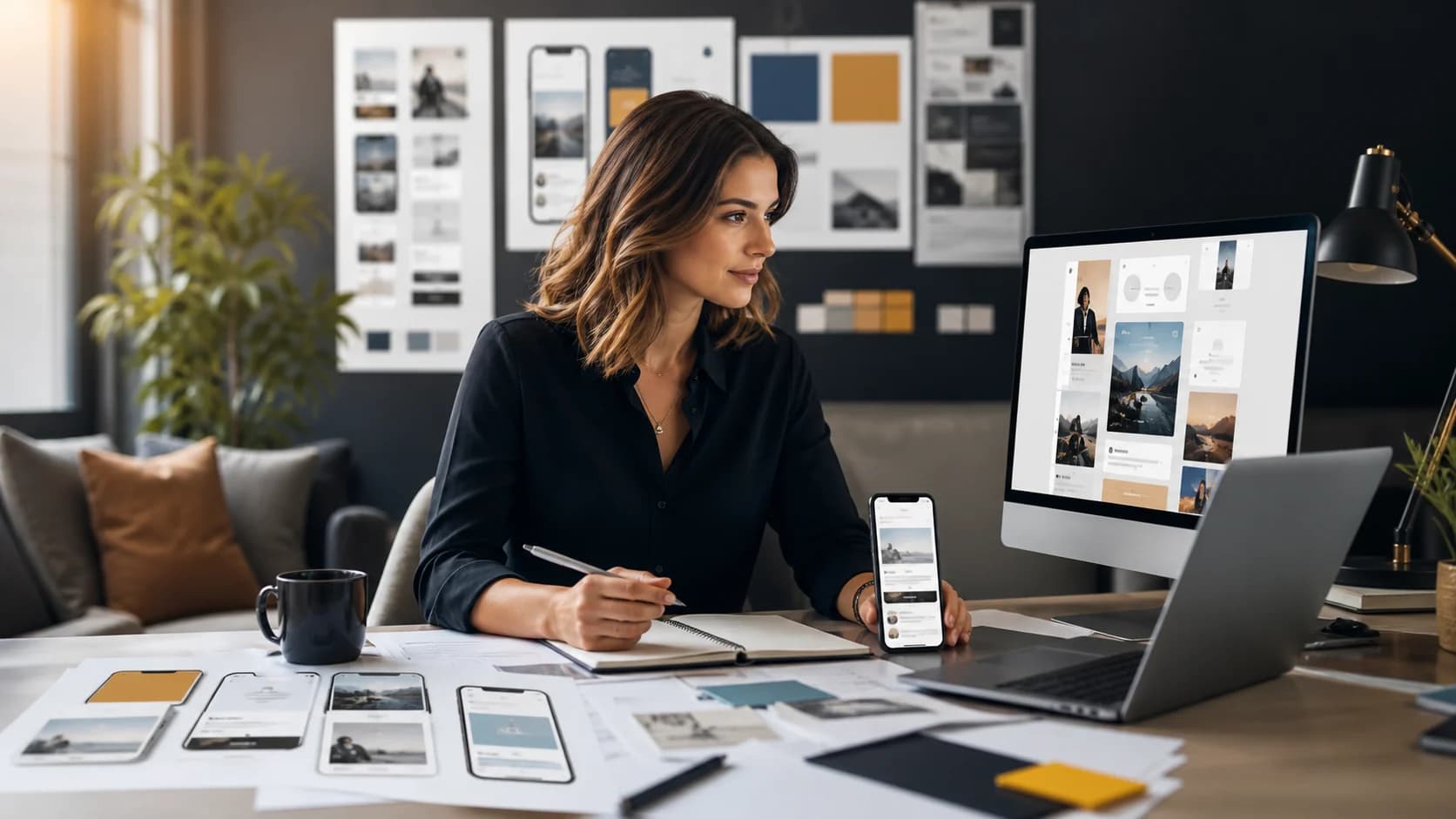 Paid social strategist planning coordinated mobile and desktop campaign creative