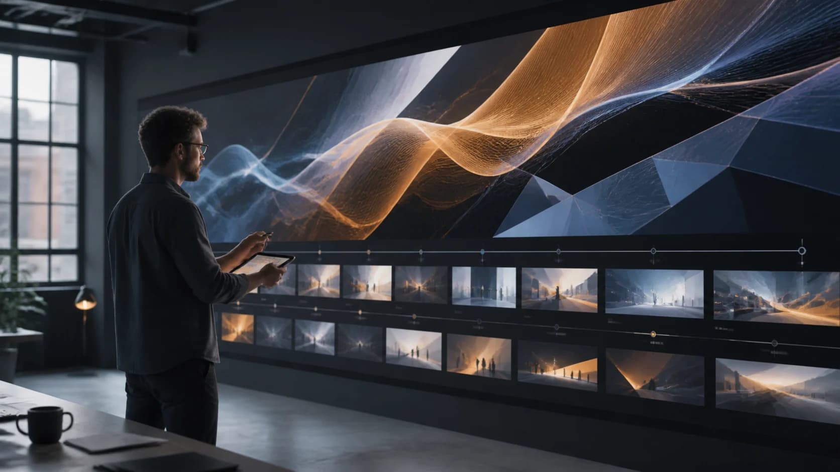 Motion designer reviewing an abstract animation storyboard on a large-format display wall