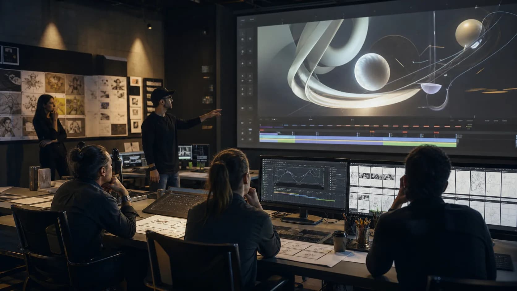 Motion-design team reviewing animation timing and scale on a large-format display