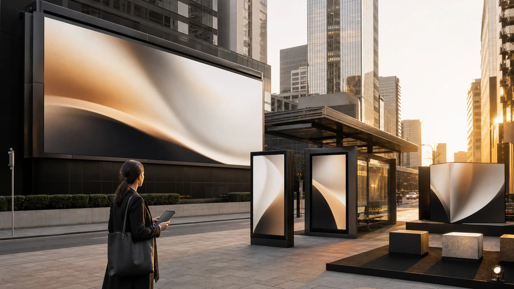 Advertising professional reviewing coordinated outdoor displays and transit signage