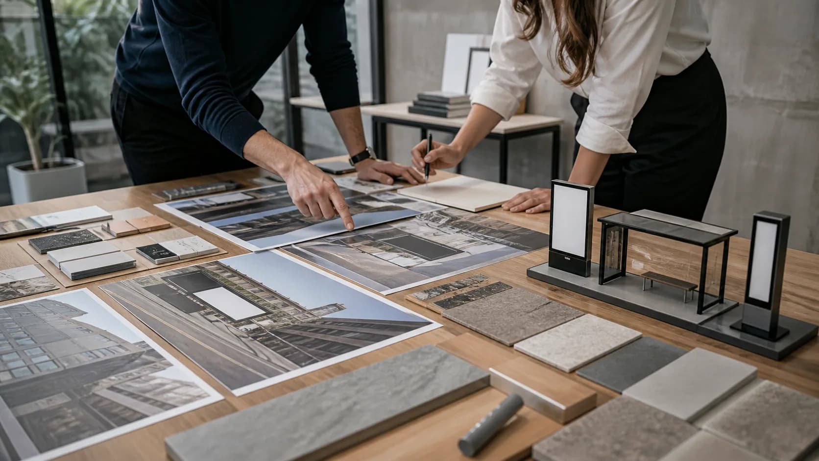 Creative team reviewing transit placements, signage models and materials for a physical advertising campaign