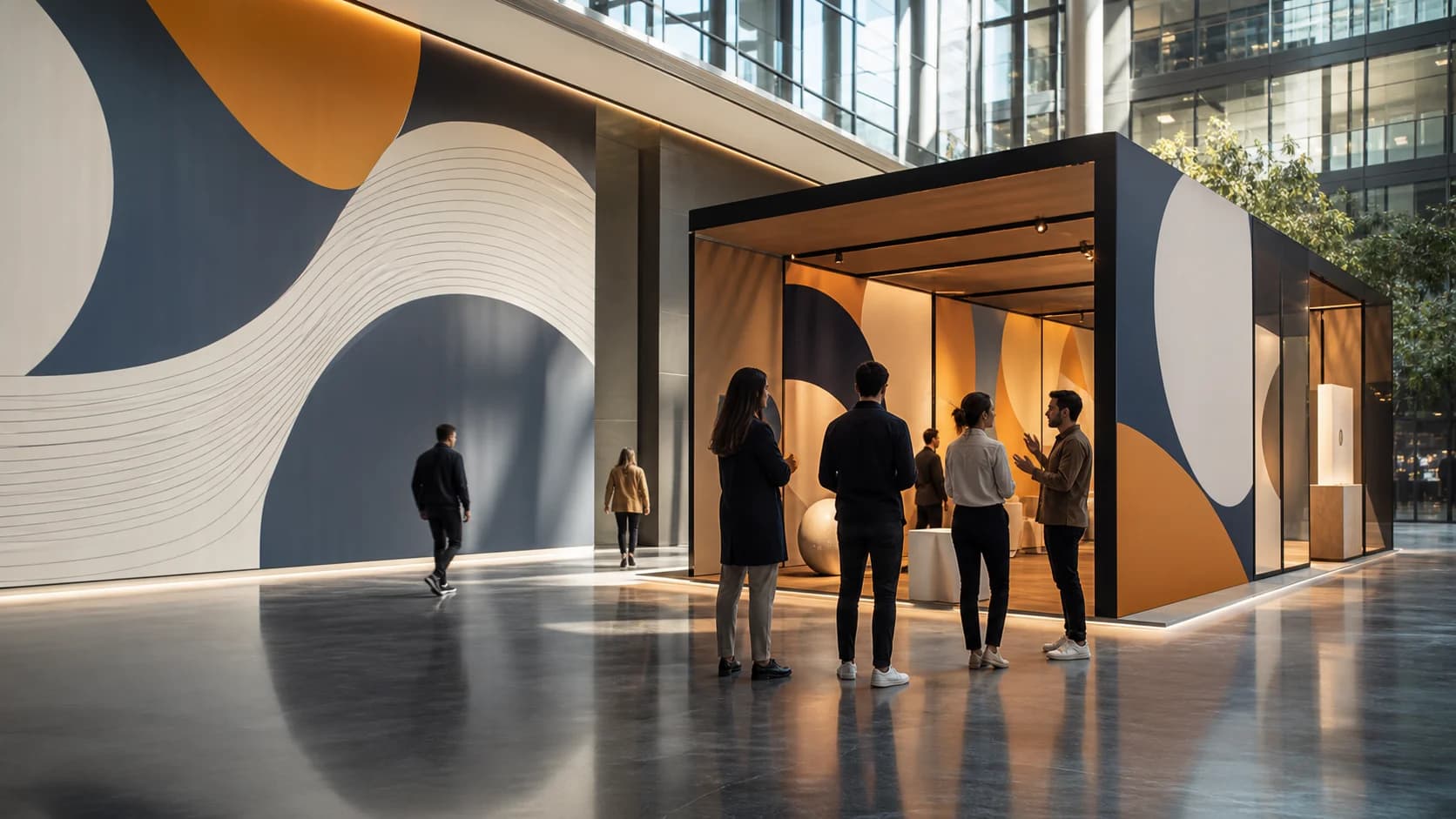 Creative team reviewing an immersive pop-up installation with coordinated environmental graphics