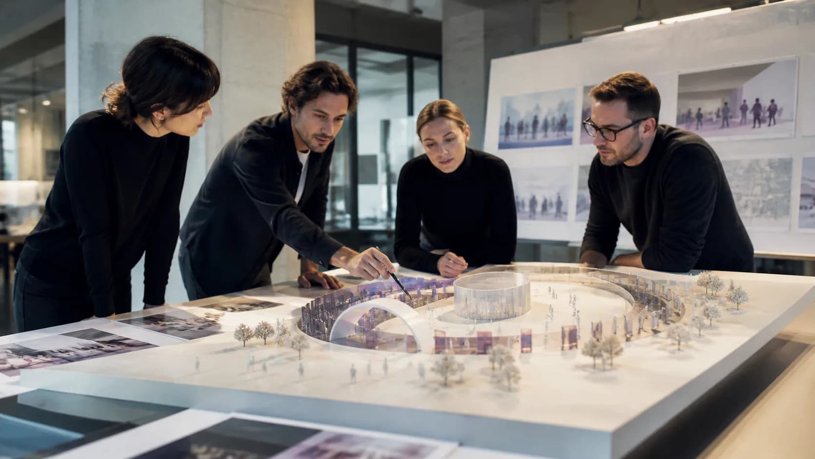 Experiential-design team mapping visitor movement through a physical brand installation model