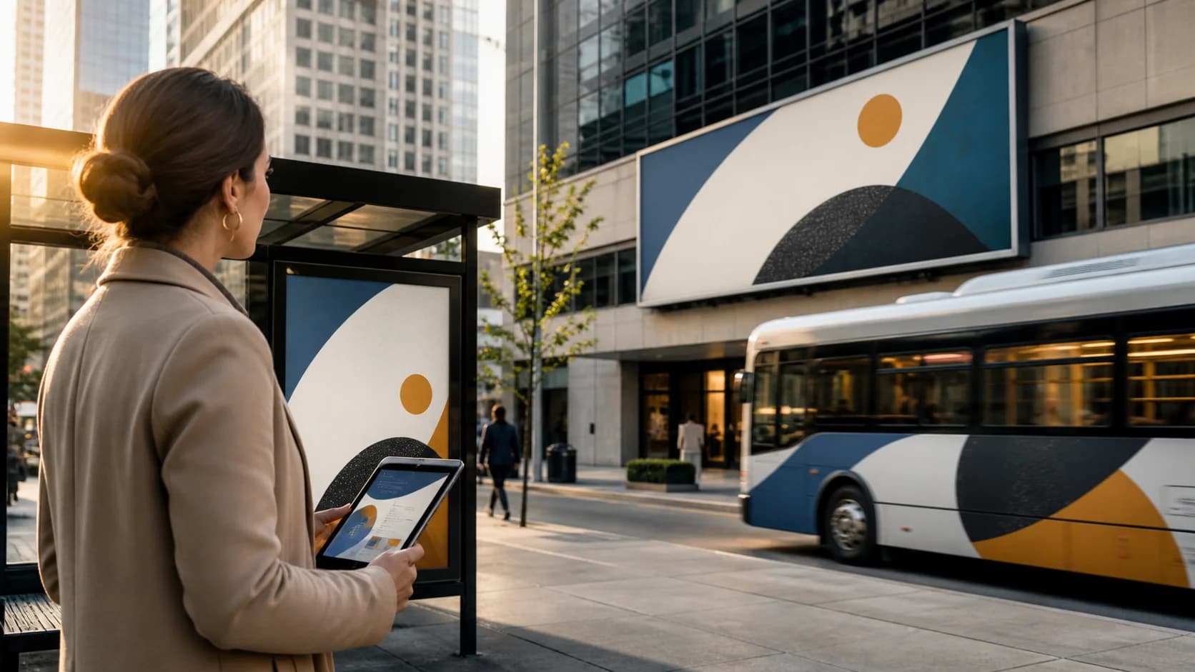 Urban media planner reviewing coordinated billboard, bus shelter and transit advertising placements