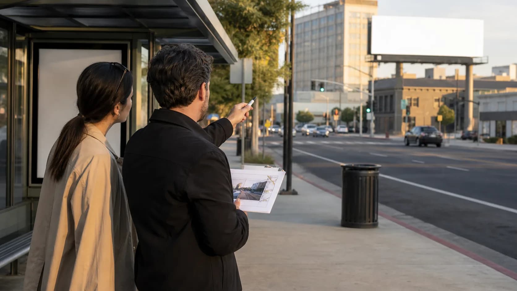 Media planners evaluating billboard sightlines and viewing distance beside a transit shelter