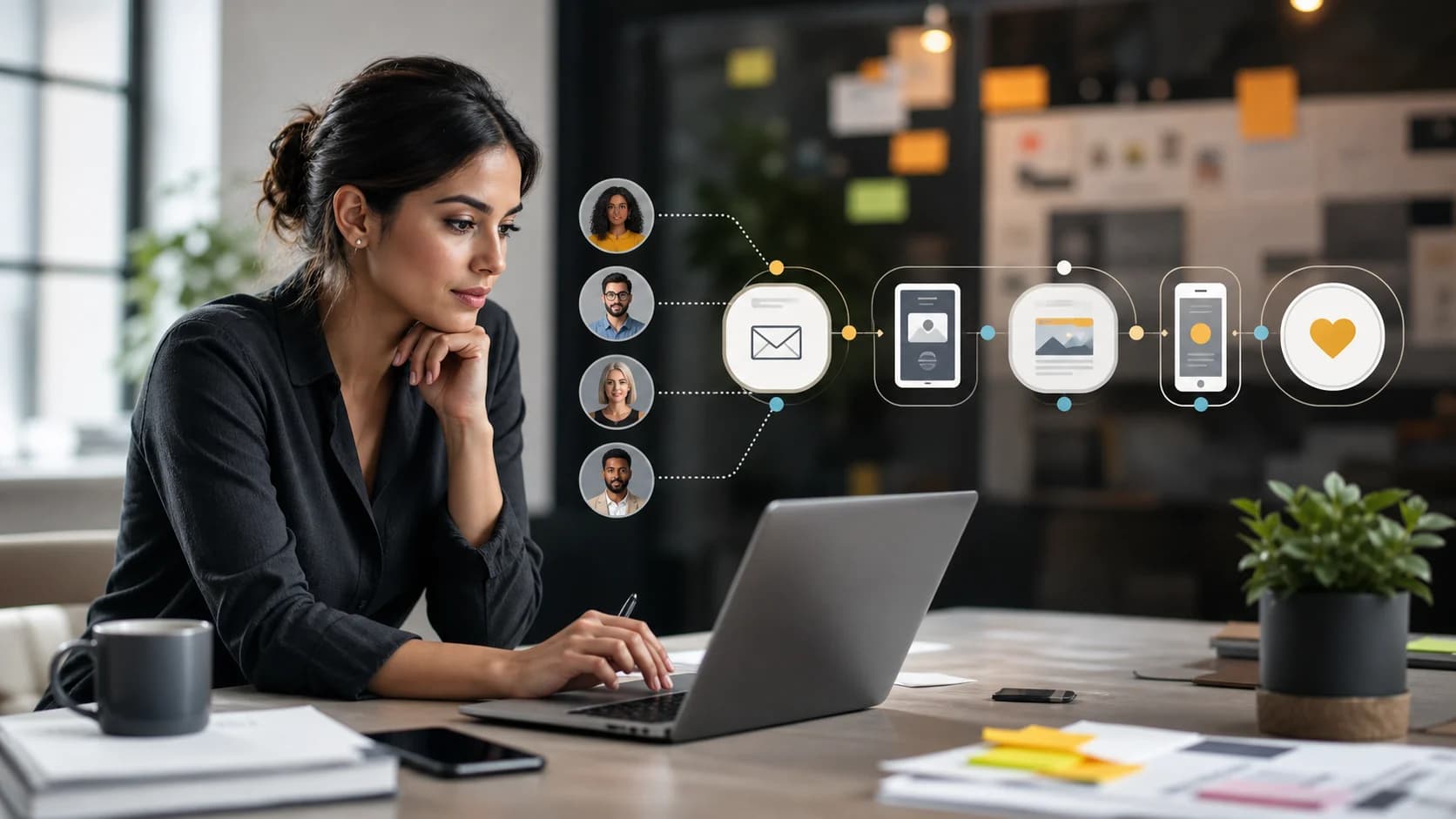 Marketing strategist mapping a customer re-engagement sequence across digital touchpoints