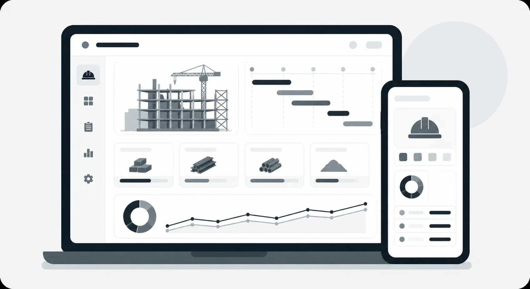 Construction project dashboard with building progress, timeline, materials, and hard-hat status