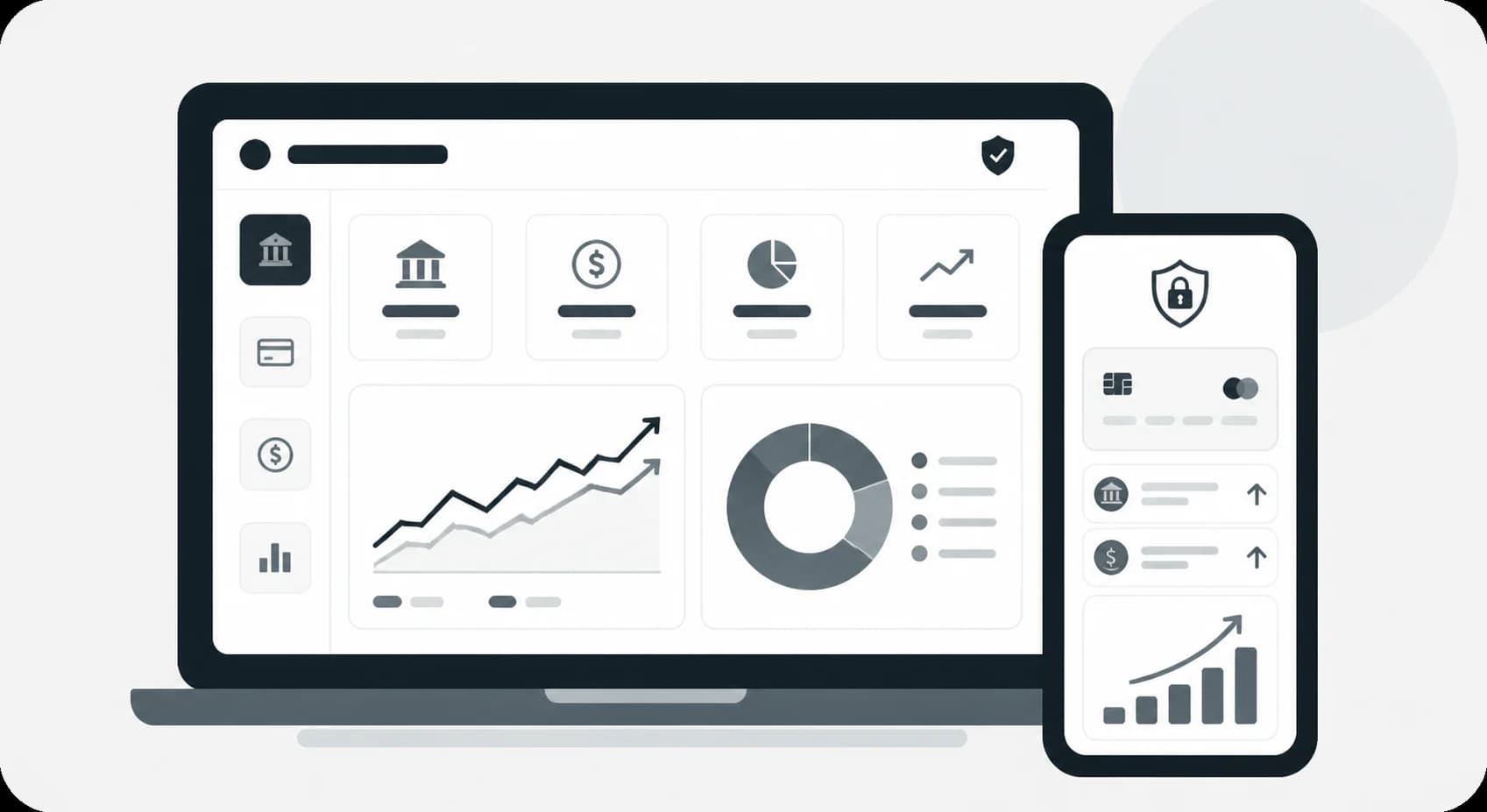 Financial services dashboard with secure banking, portfolio allocation, and growth charts
