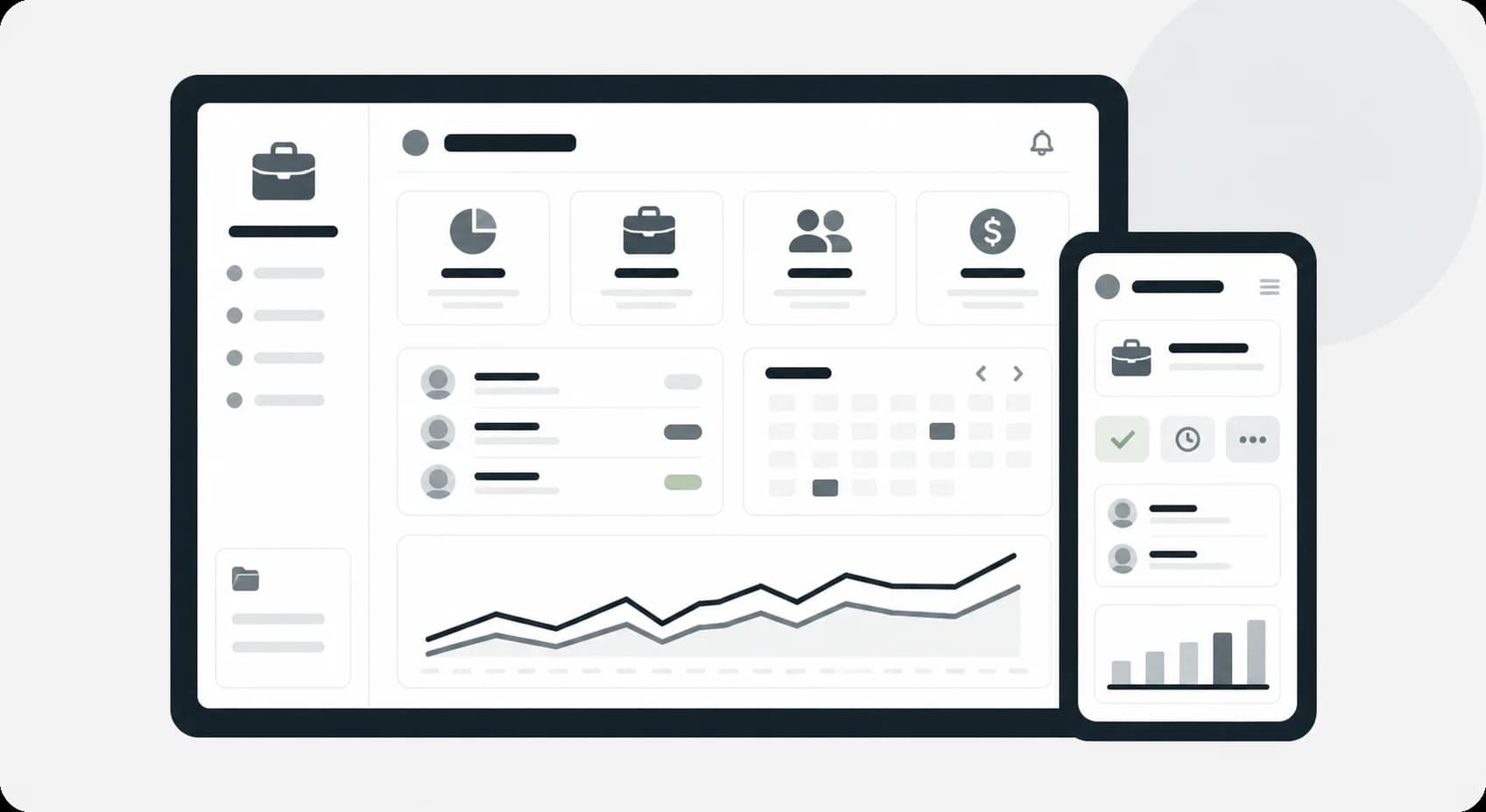 Professional services dashboard with client profiles, project calendar, portfolio, and performance charts