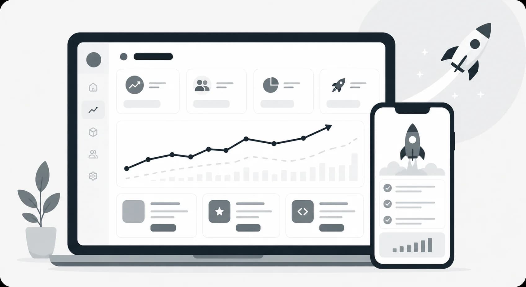 Startup growth dashboard displayed on desktop and mobile devices with launch and analytics icons