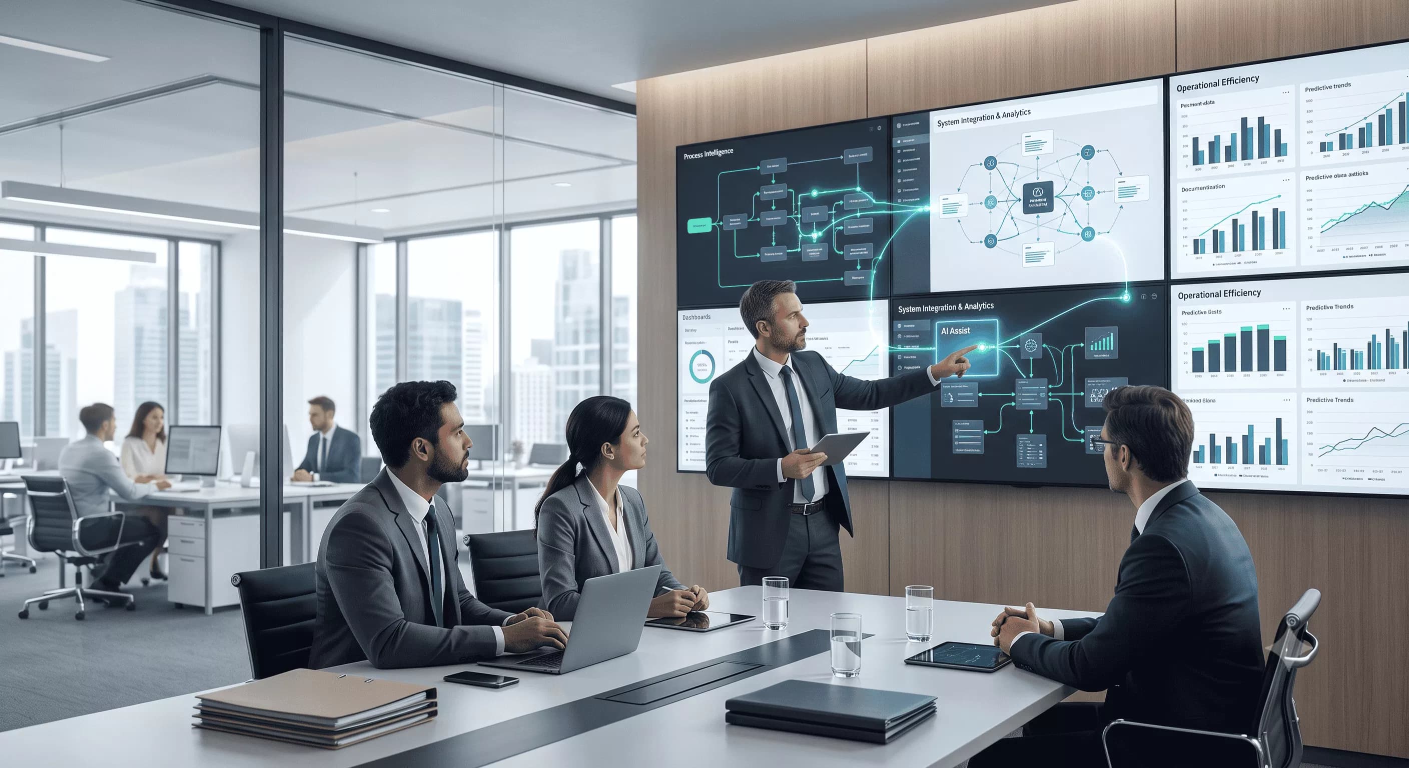 Operations team reviewing connected workflows and analytics