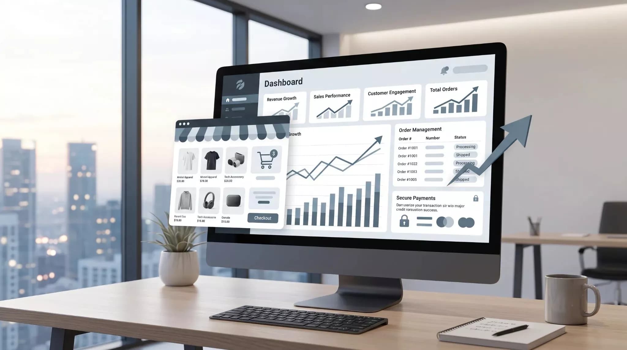 Illustrative ecommerce storefront and product-management interfaces