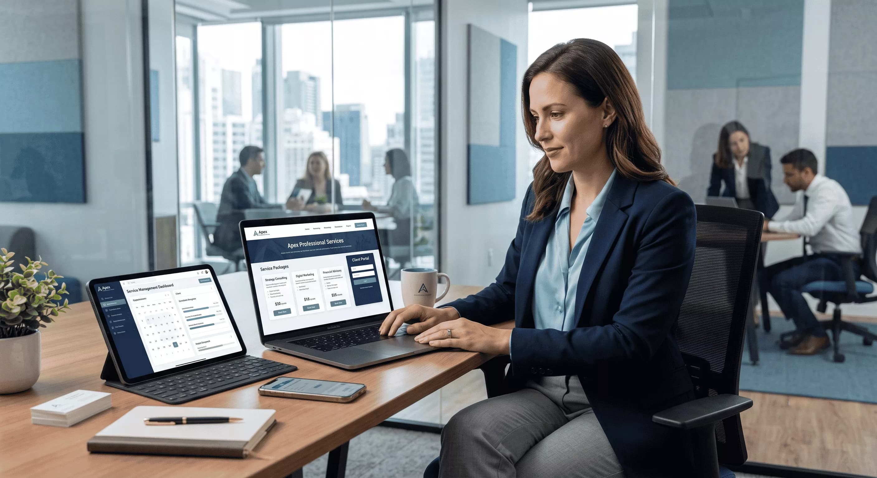 Professional-services team member reviewing digital client workspaces