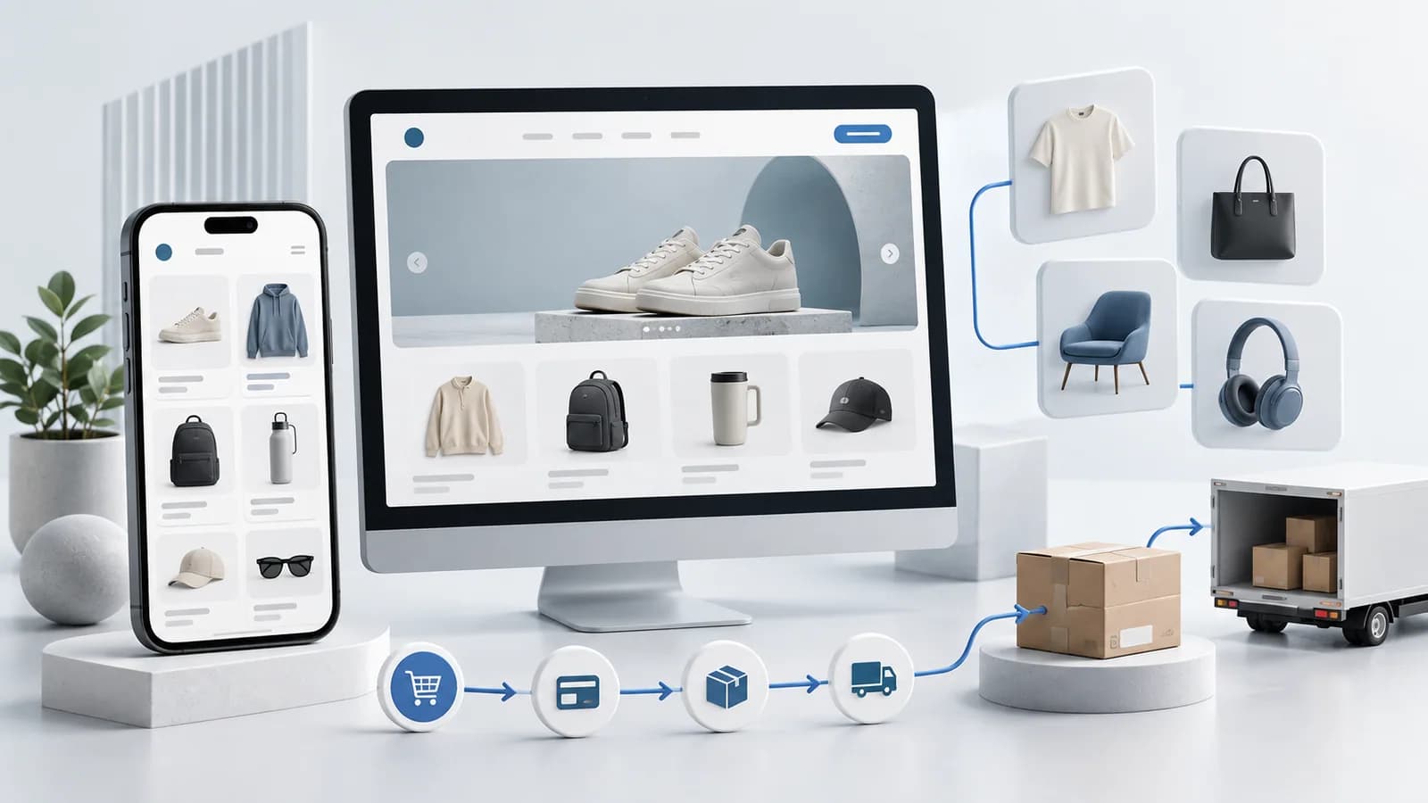 Conceptual desktop storefront, mobile catalog, and order fulfillment path