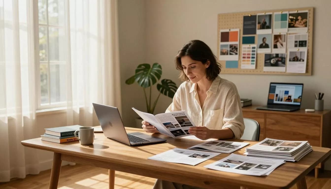 Editor reviewing publishing materials beside a laptop