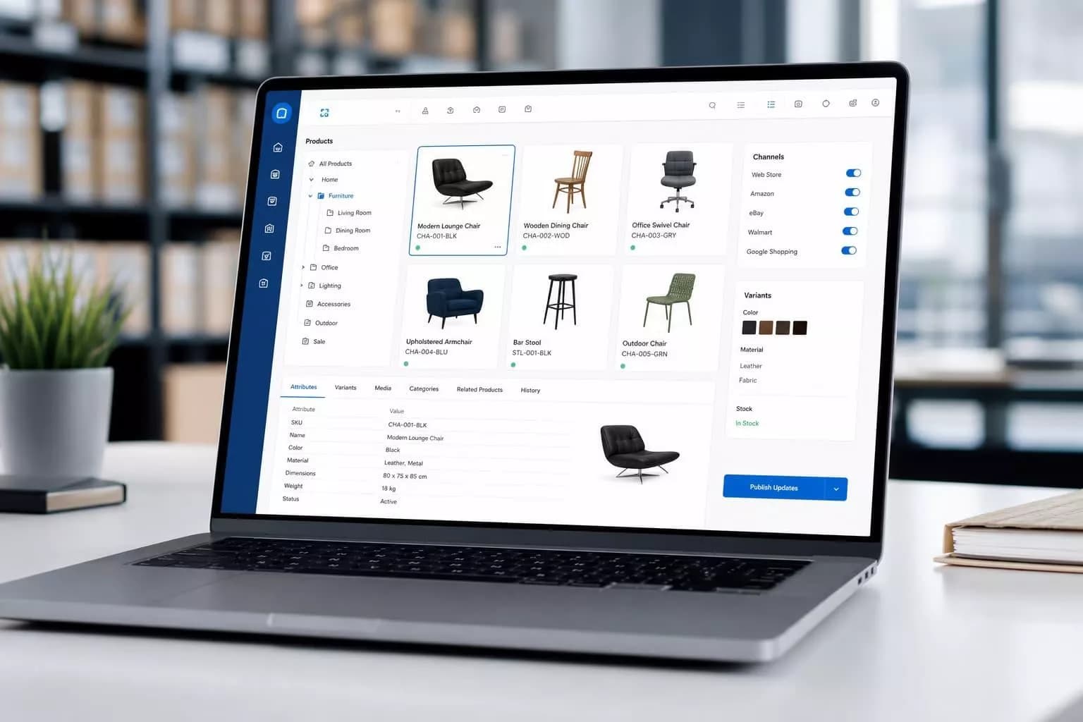 Retail product catalog displayed on a workspace computer