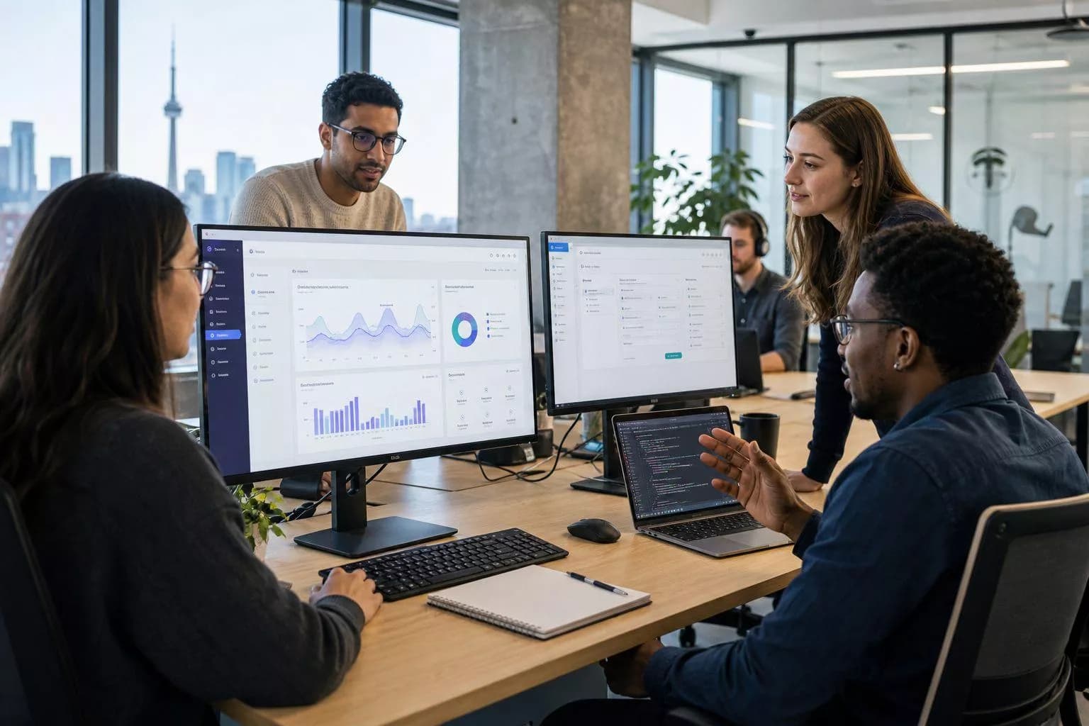 Software team reviewing product dashboards in a shared workspace