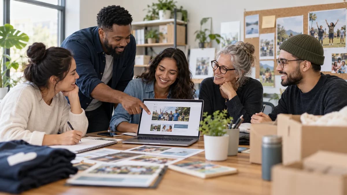 Nonprofit team planning community outreach around a laptop