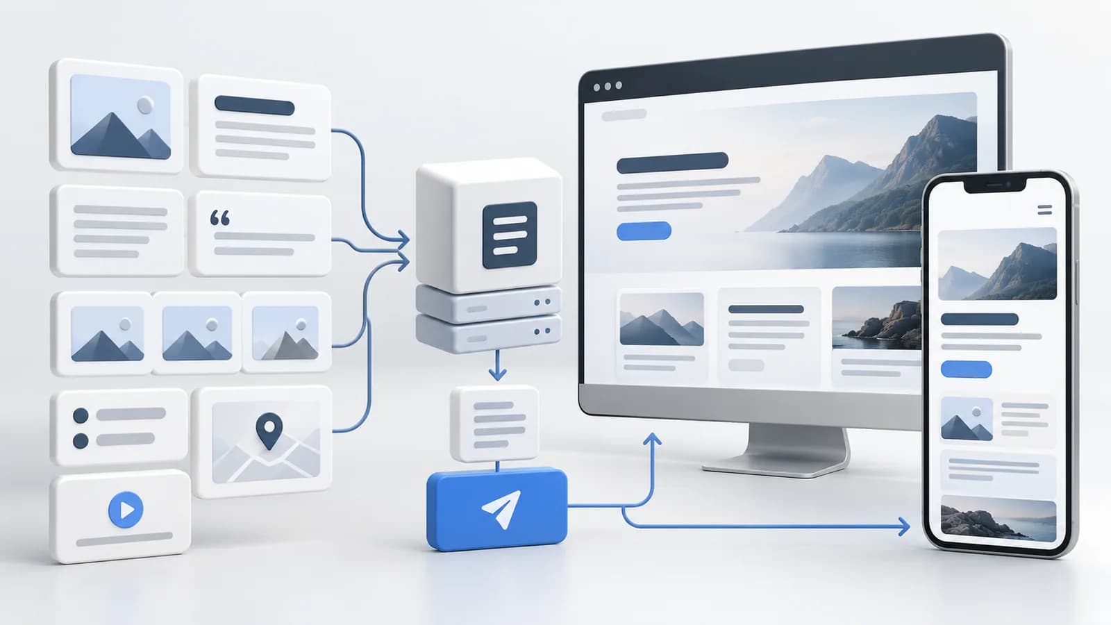 Conceptual content modules connected to responsive publishing interfaces