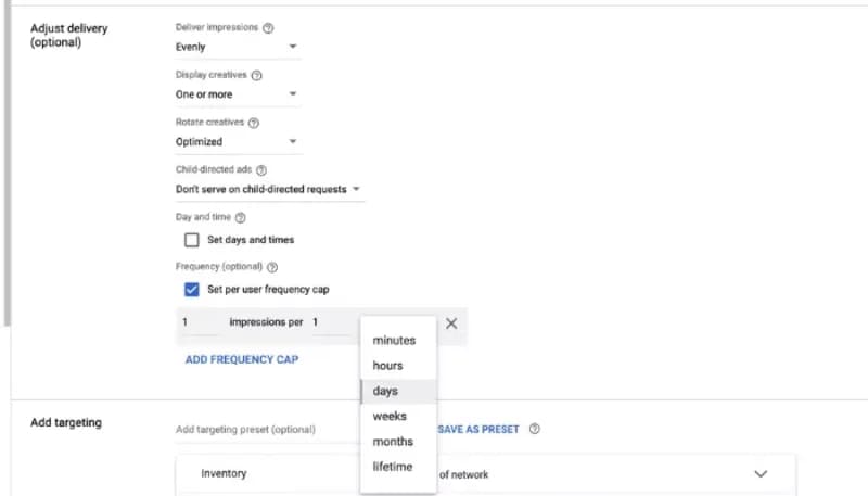 Google search settings page showing frequency capping options for Google retargeting ads to control ad exposure.