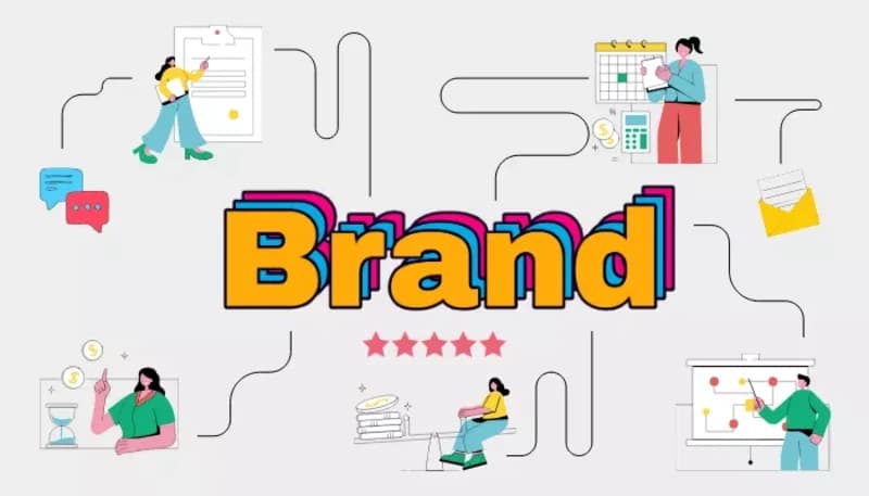 The word “brand” with people and icons representing visual identity and brand identity.