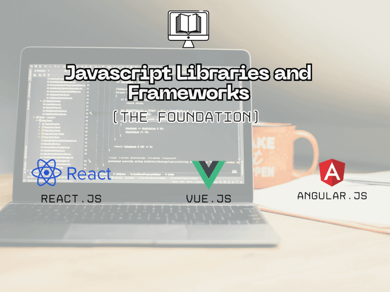 Laptop with code and React.js logo under JavaScript frameworks and web development tools.