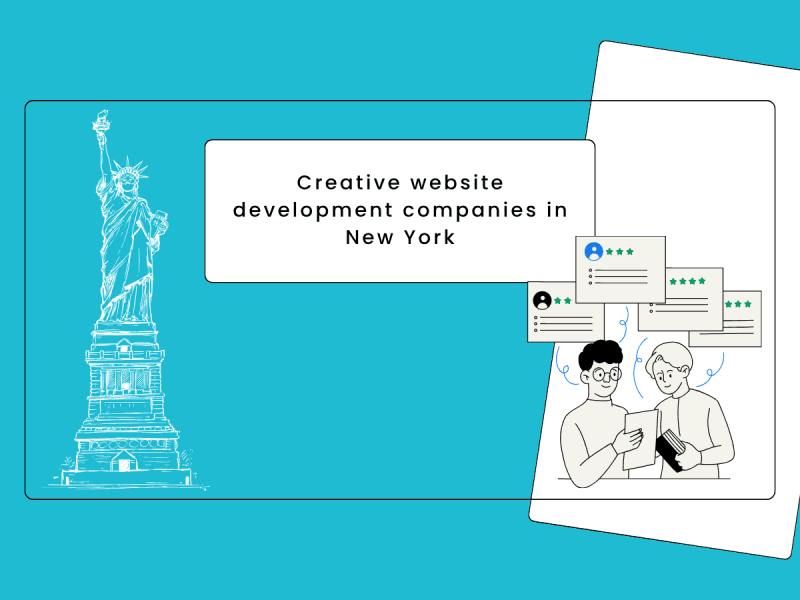 Two people using laptops with review icons, representing creative website development companies in New York.