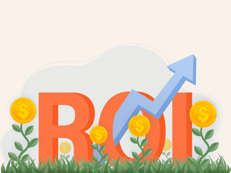 Illustration showing ROI growth with rising arrows, dollar signs, and growing plants.