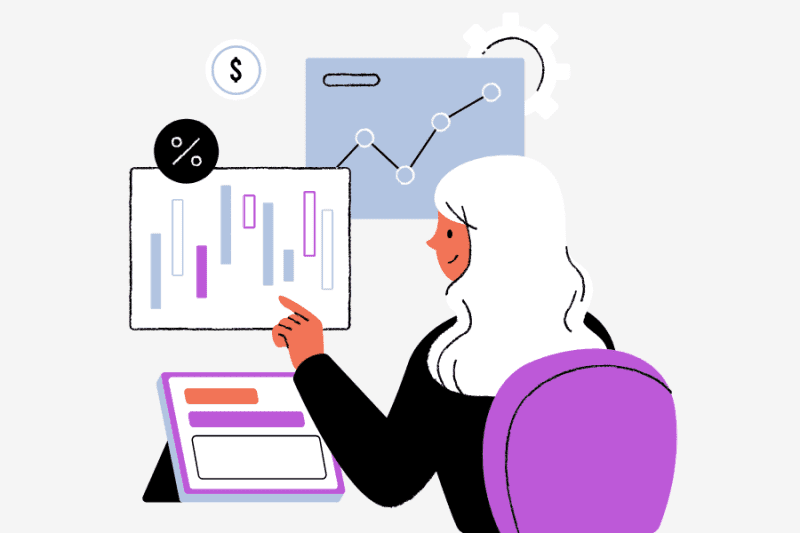 A woman analyzes Google Analytics metrics to track website performance and understand User Behavior.