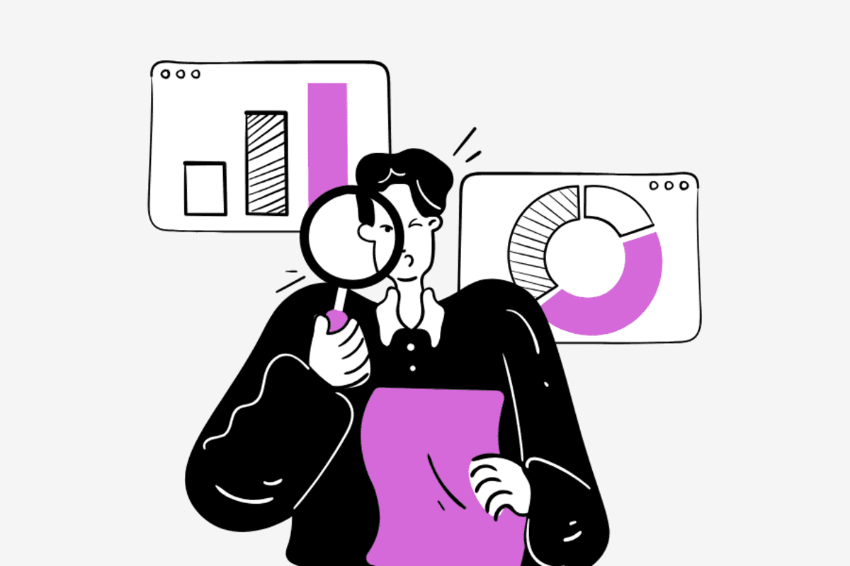 A cartoon man examines graphs with a magnifying glass, illustrating data and information analysis for marketing insights.