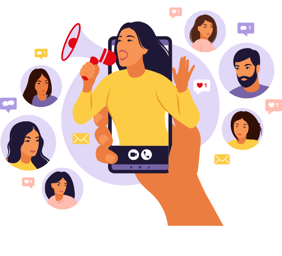 A woman holding a phone among people, showing brand awareness using social media management strategies.
