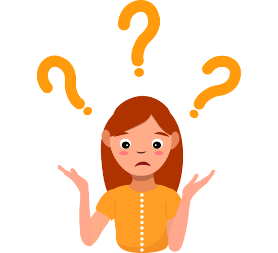A confused woman with question marks above her head, pondering the benefits of SEO.