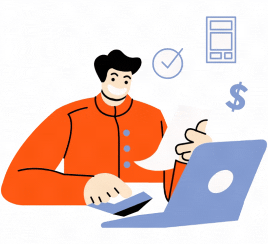 A man in an orange shirt uses a laptop and a credit card, emphasizing cost-effective and budget-friendly options